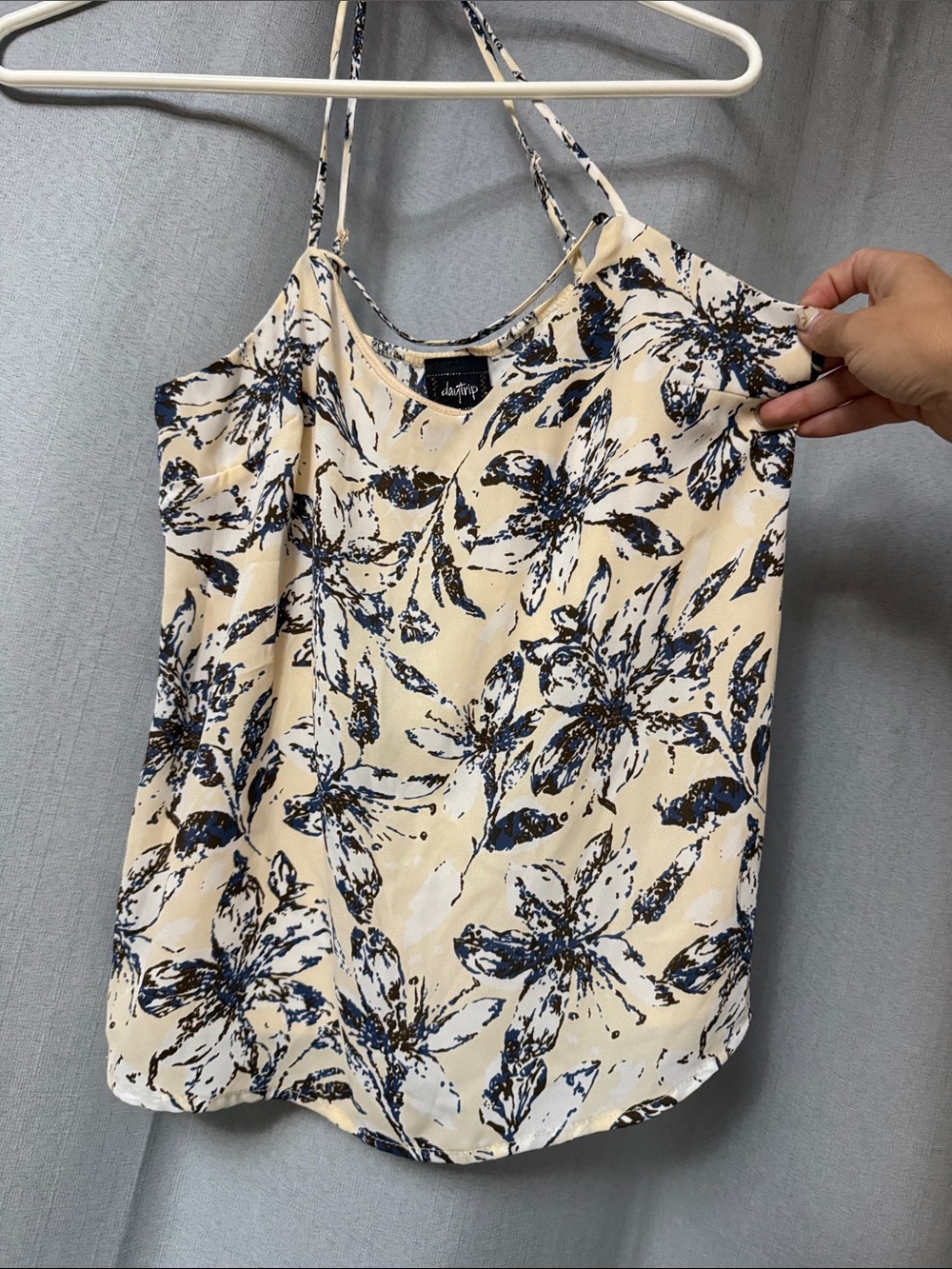 Lulu's Cream Floral Spaghetti-Strap Cami with Blue Print